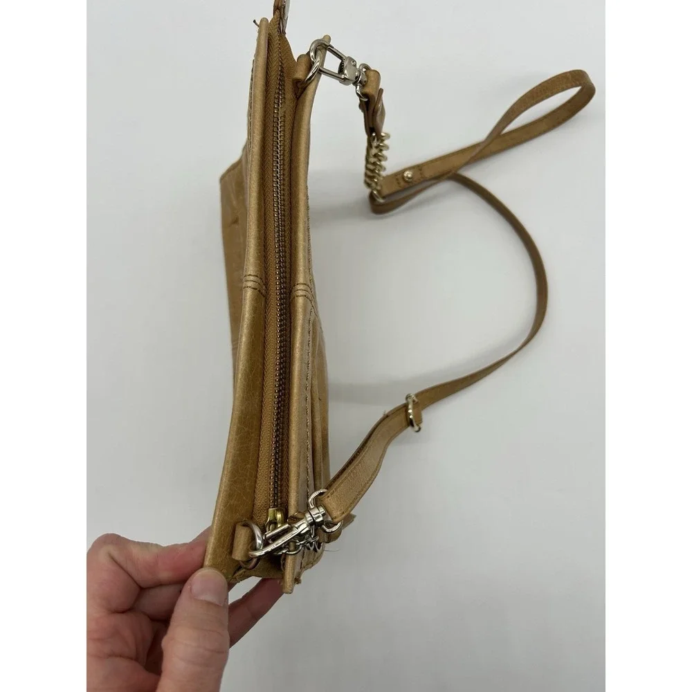 THE SAK Tan Glazed Leather Crossbody Bag Purse Pleated Zip Top‎ Removable Strap